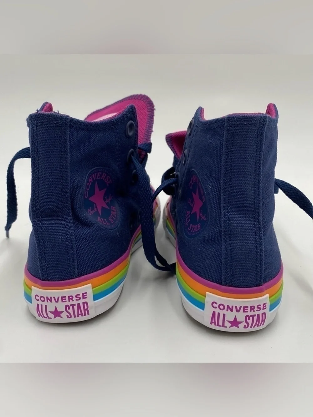 Converse Kids Navy Blue Canvas High Tops with Rainbow Trim Size 11 Toddler
